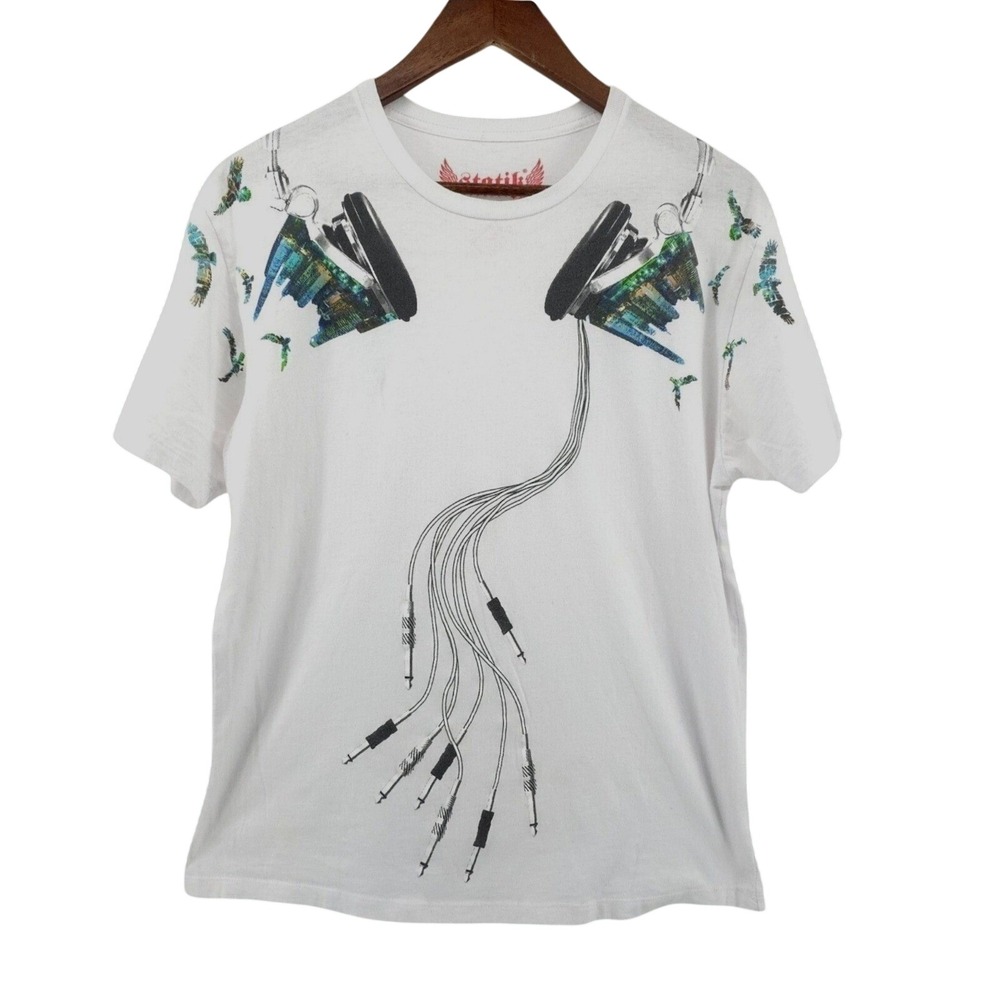 Statik Graphic T-Shirt Headphones Music Print DJ White‎ Men L